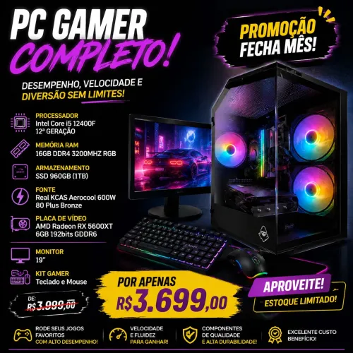 PC GAMER  i5 12400F+16gb+SSD + RX 5600XT 6GB <br>? 16GB RGB + SSD 1TB + Monitor + Kit Gamer ?