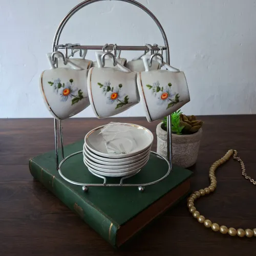 Conjunto de Porcelana Pozzani com 6 Xícaras e 6 Pires com Flores Margaridas
