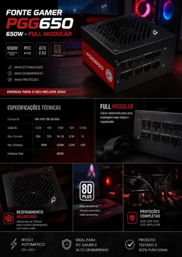 ? FONTE GAMER MODULAR PGG650 650W ATX - SEMINOVA ?