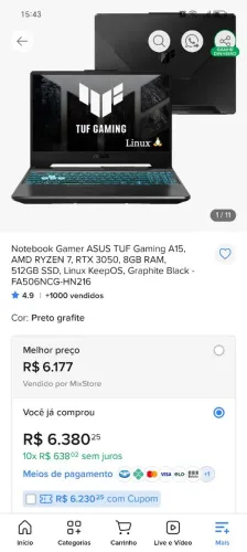 Notebook ASUS TUF RYZEN 7 + 3050