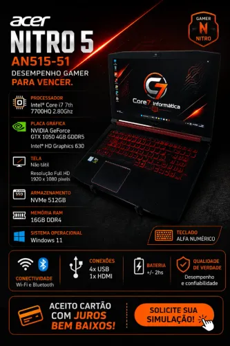 Notebook Gamer Acer Nitro 5 AN515-51 i7 7th 16gb ram NVMe 512gb.