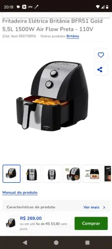 Vendo Fritadeira Elétrica Britânia BFR51 Gold 5,5L 1500W Air Flow Preta - 110V
