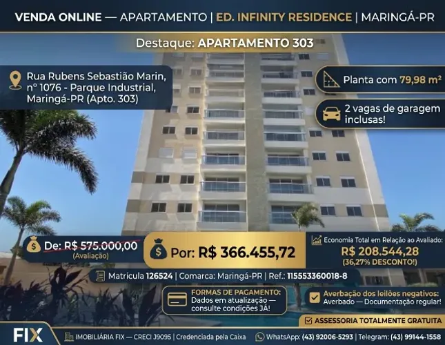 ? QUASE R$ 209 MIL DE ECONOMIA! 2 VAGAS! INFINITY RESIDENCE!