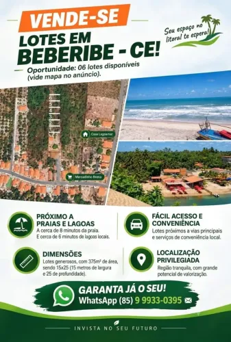 VENDE-SE LOTES (TERRENO) EM BEBERIBE-CE! PRÓXIMO A PRAIA E LAGOAS! (06 lotes disponíveis).