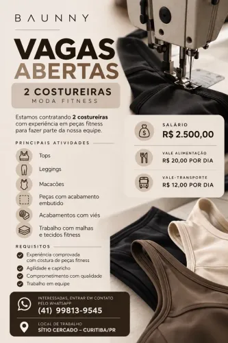 VAGA PARA COSTUREIRA DISPONÍVEL