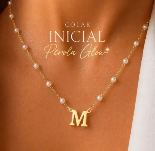 Colar Letra Inicial com Pérolas Banhado a Ouro 18K Personalizado Feminino Elegante