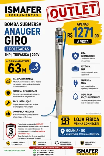 Bomba Submersa Anauger Giro 3 Polegadas 1hp Trifásica 220v GTO314