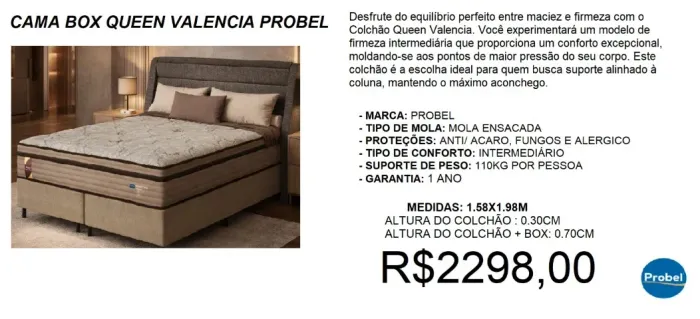 Cama box queen com colchão molas probel valencia - à pronta entrega