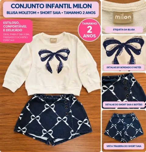 Conjunto Infantil Milon Menina 2 Anos - Blusa com Paetês e Short-Saia
