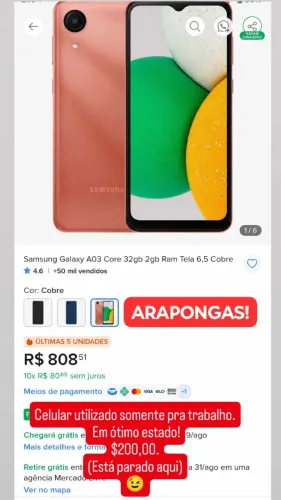 CELULAR SAMSUMG A03 CORE, EM PERFEITO ESTADO.