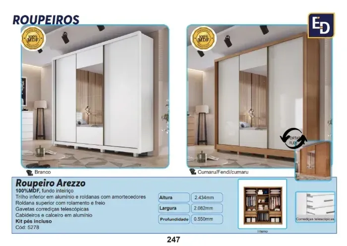 Roupeiro Arezzo 100%MDF c/espelho e pés