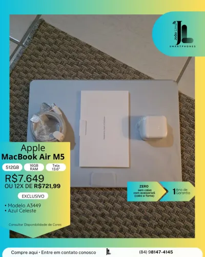 MACBOOK AIR M5, 512GB, 16GB RAM, TELA 13.6 POL., ZERO, SEM CAIXA, LANÇAMENTO!