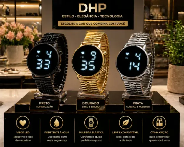 Relógio Feminino DHP Elástico Redondo Aço Inox Prova D?Água Cores Variadas