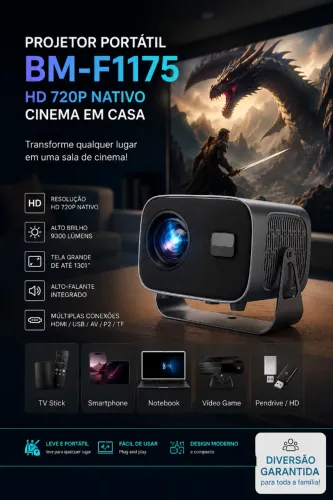 Projetor Portátil BM-F1175 HD 720p Nativo para Cinema em Casa