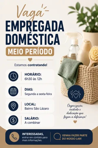 Vaga empregada doméstica período da manhã