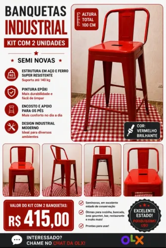 Banquetas Industrial Vermelhas - Kit com 2 Unidades | Semi Novas
