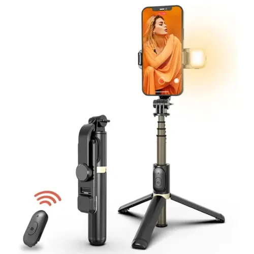 Bastão Tripé Suporte Para Celular com Luz LED e Controle Bluetooth 3 em 1