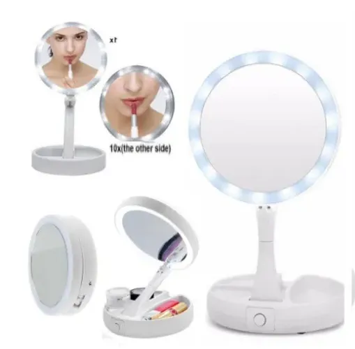 Espelho com Led De Mesa Com Aumento 10x Led luz Dobrável Para Maquiagem (z116) 