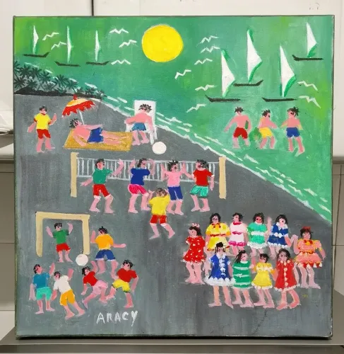 Aracy artista naif tema criança brincando na praia