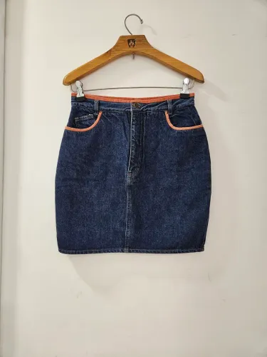 Saia Jeans Azul com Detalhes em Marrom