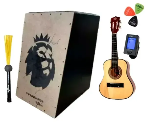 Kit Swingueira Cajon Acústico C/ Cavaquinho + Afinador, Vassoura Naylon e Corda Brinde