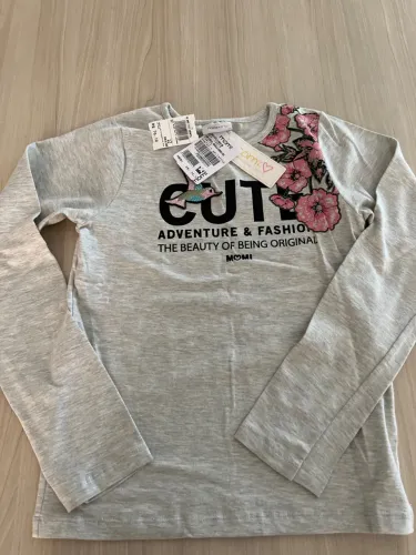 Blusa manga longa cinza com passarinho- CUTE marca Momi- Tamanho 12