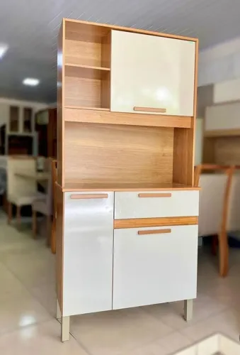 Kit Cozinha Compacta Para Apartamentos Lia Com Puxadores De Madeira Cor Cinamomo/Off White