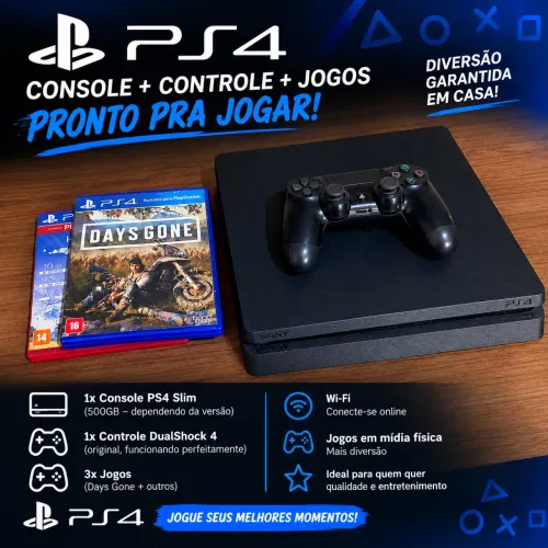 PS4 Slim 500GB + Controle Original + 3 Jogos - Excelente Estado