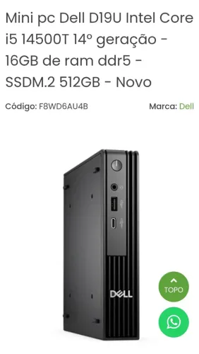 Mini PC Dell D19U Intel Core i5 14a Th 16GB DDR5 SSD NVMe PCIe 4.0 512GB Novo Windows 11.
