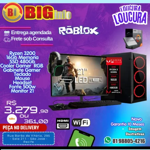 Computador  Ryzen 3 3200g 16gb Ddr4 SSD 480GB Radeon Vega 8  Monitor 22 - Em ate 10x 