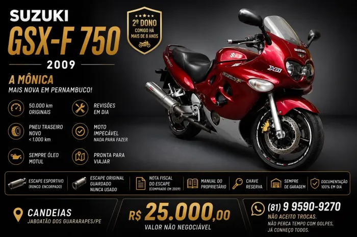 SUZUKI GSX-F 750 (Mônica) - 2009 | Apenas 50.000 km | EXCELENTE ESTADO