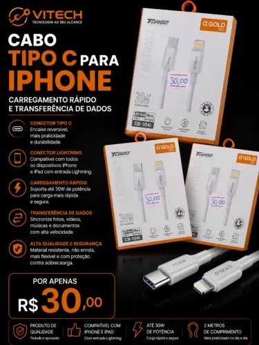 Cabo USB-C para iPhone 2 Metros 30W