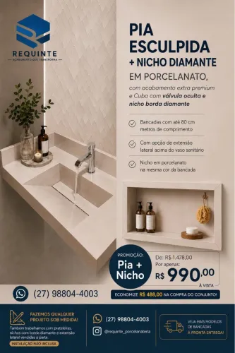 Pia lavabo esculpida em porcelanato + Nicho Diamante