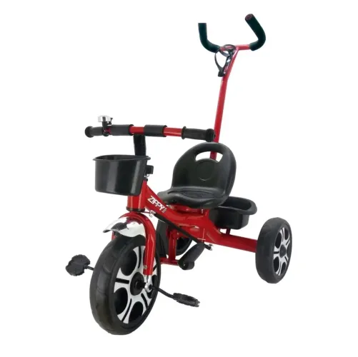 Triciclo infantil com empurrador, 2 cestas, apoio para os pés e cinto de segurança 