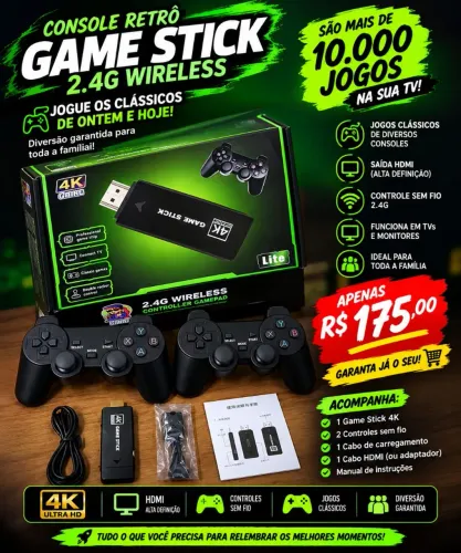 Game Stick 4K + 2 Controles | +10.000 Jogos | R$175
