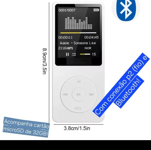 Mini MP3 Player Bluetooth 32GB - Caixa De Som Embutida, Rádio FM, P2 - Branco - NOVO