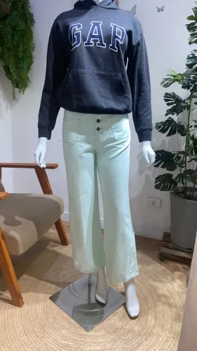 Calça Sarja Wide Leg Forever 21 Verde Menta com Botões Expostos