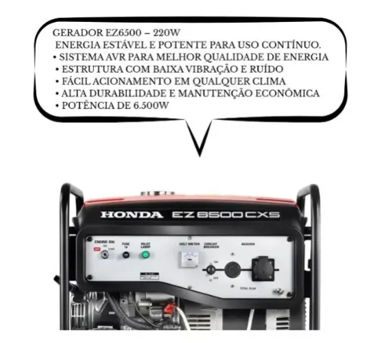 Gerador Honda EG6500 6.5 Kva - 5500W, Partida Elétrica Gasolina- 220w