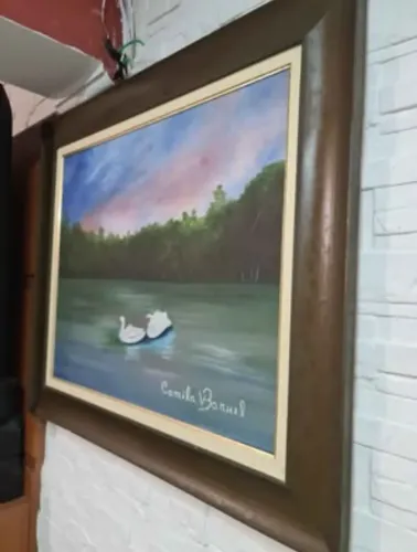 Quadro Pintura Sobre Tela, imagem Cisnes Brancos no Lago (Descrição Abaixo)