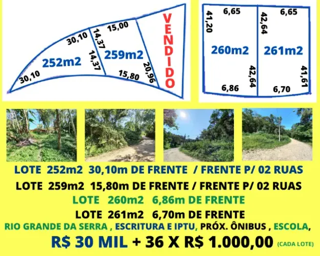 Lotes 252m2 à 261m2 boa topografia Escritura Iptu Rio Gde da Serra Entrada + Parcelas