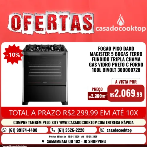 FOGAO PISO DAKO MAGISTER 5 BOCAS FERRO FUNDIDO TRIPLA CHAMA GAS VIDRO PRETO C/ FORNO 100L 