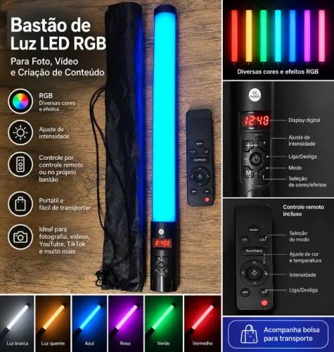 Bastão de Luz LED RGB para Fotografia e Vídeo