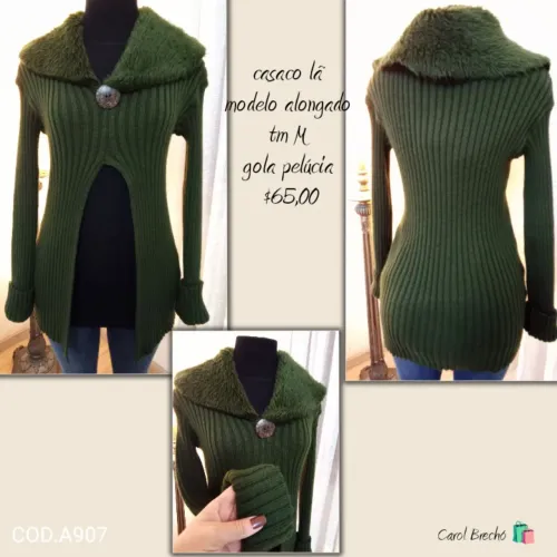 Casaco feminino lã modelo alongado gola pelúcia 