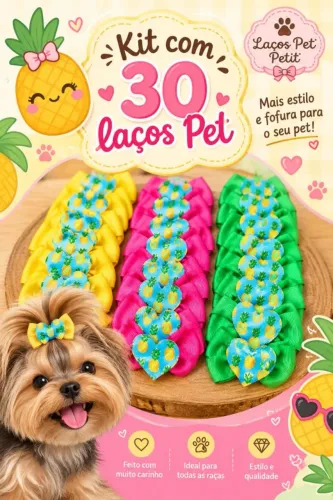 Kit com 30 Laços Pet Banho e Tosa Para Fêmea Tema Abacaxi