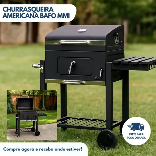 Churrasqueira Americana Móvel Bafo Carvão Grelhas Rodas Preto.