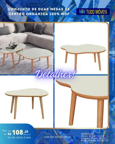 Conjunto de duas mesas de centro orgânica 100%MDF 
