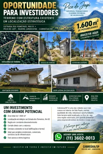 INVISTA EM UMA ÁREA COM LOCALIZAÇÃO E POTENCIAL - 1.600m2 - região Serra Japi