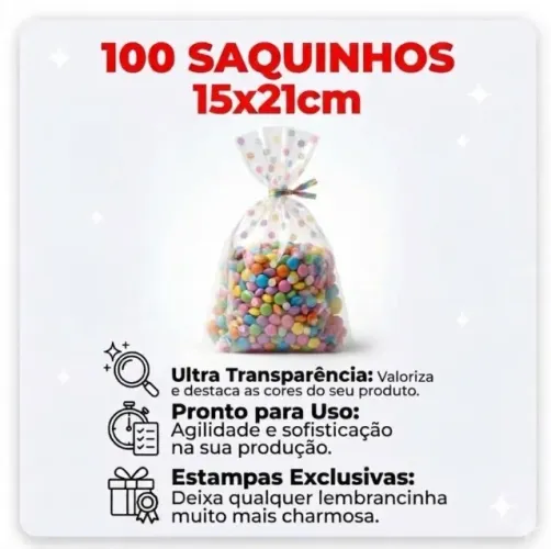 100 Saquinho 15 X 21 Cm Celofane Incolor Decorado Poli