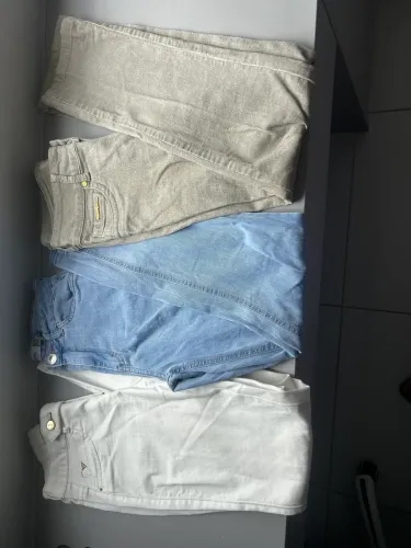 kit 3 calca jeans skinny branca azul e bege de veludo