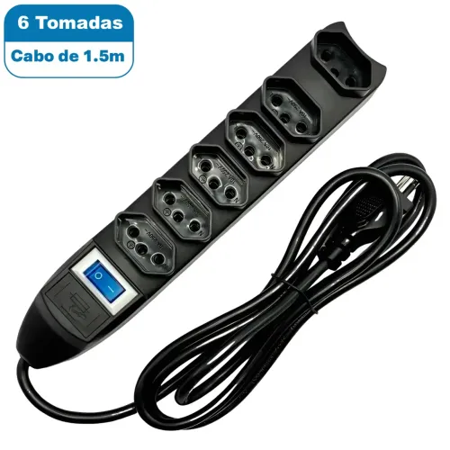 Filtro de Linha 6 Tomadas Preto com Fusível e Cabo 1.5m, Preto - Knup